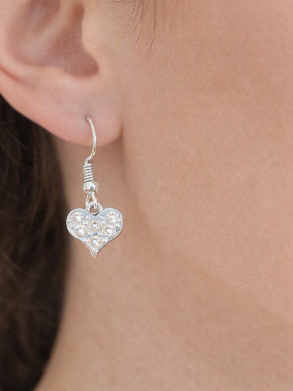 Silver Heart Crystal Drop Earrings Pierced